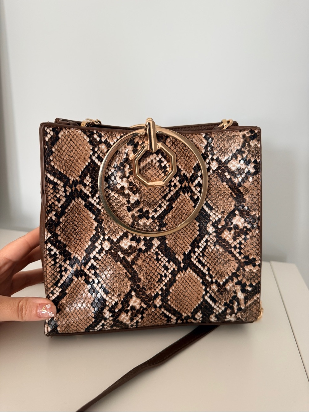 Snake-Print Square Crossbody Bag with Gold Ring Accent - Brown - removable pouch